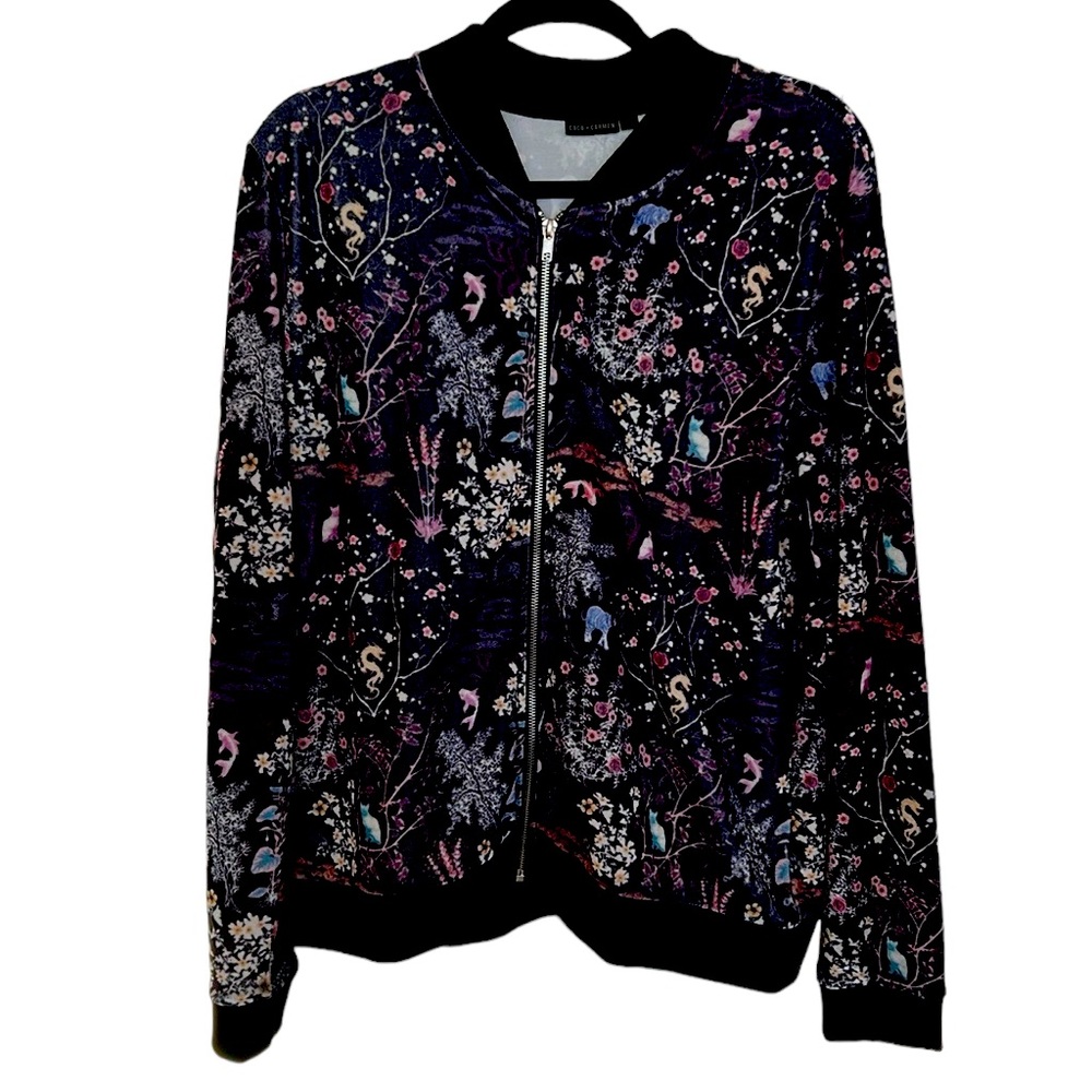 Coco + Carmen Jacket Zipper Front Whimsical Print Cats, Dragons, Flowers L/XL
